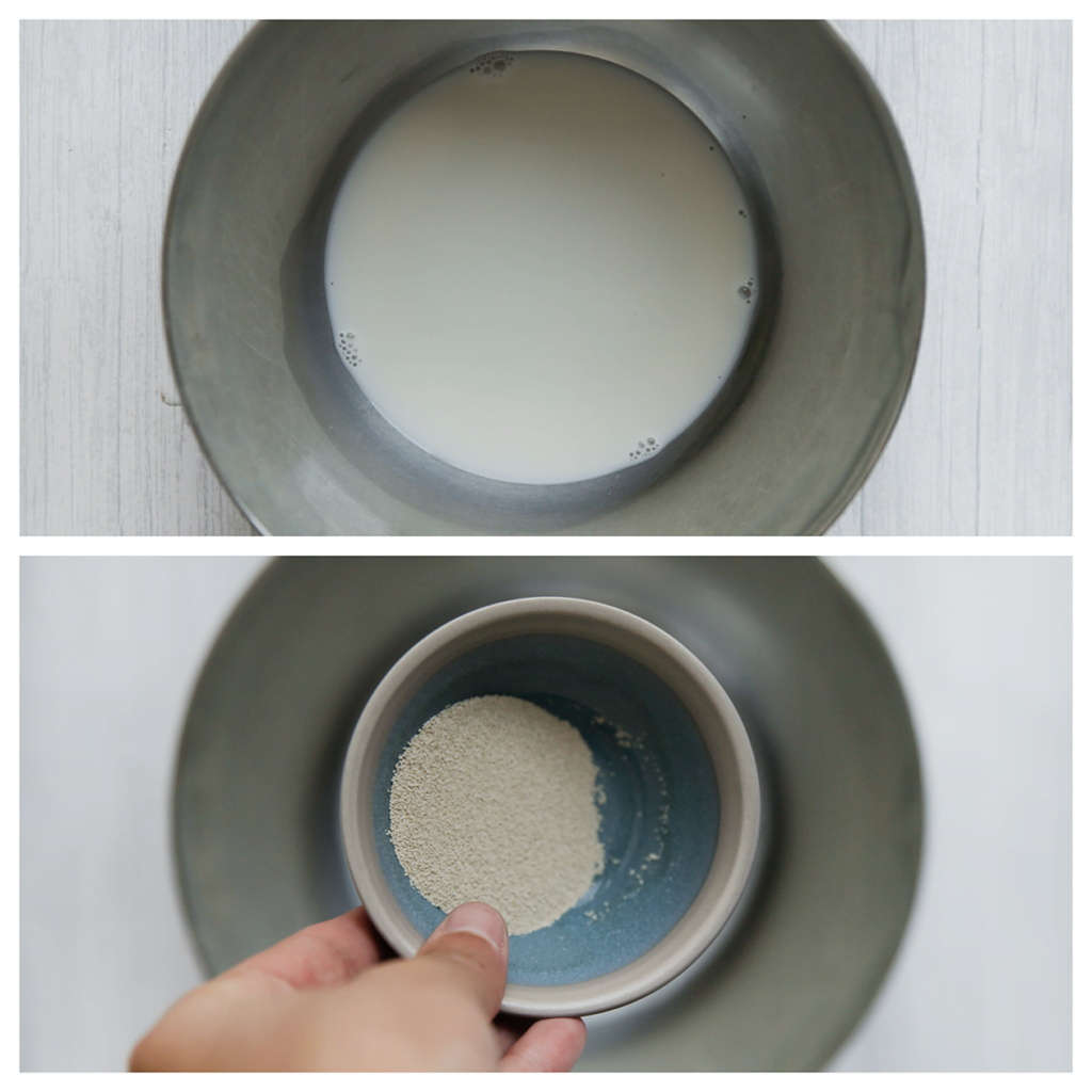 Giet de lauwwarme melk (75 ml) in een diepe kom en voeg de gist toe. Meng goed.