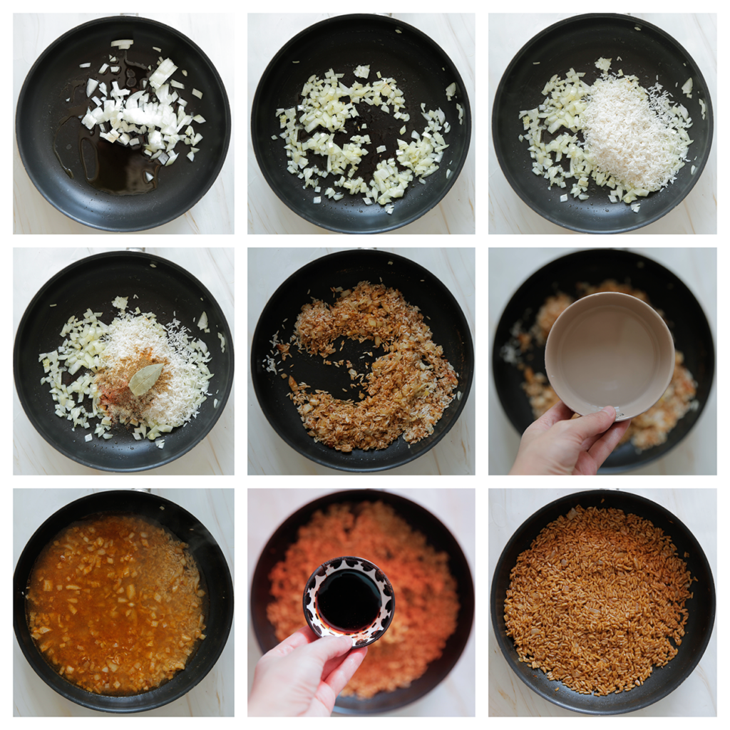 Verhit de zonnebloemolie in een koekenpan op middelhoog vuur. Voeg de gele ui toe en bak goudbruin. Voeg de rijst, het zout, de komijnpoeder, knoflookpoeder, zwarte peper en paprikapoeder toe. Bak 1 minuut. Voeg het gekookte water toe. Kook de pan, afgedekt, 10-12 minuten of tot de rijst het water heeft geabsorbeerd. Voeg de ketjap manis toe en meng goed.