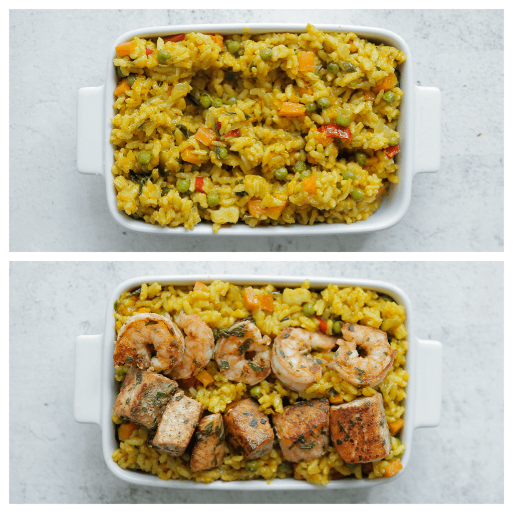 Serveer de rijst met zalm en garnalen. Eet smakelijk!