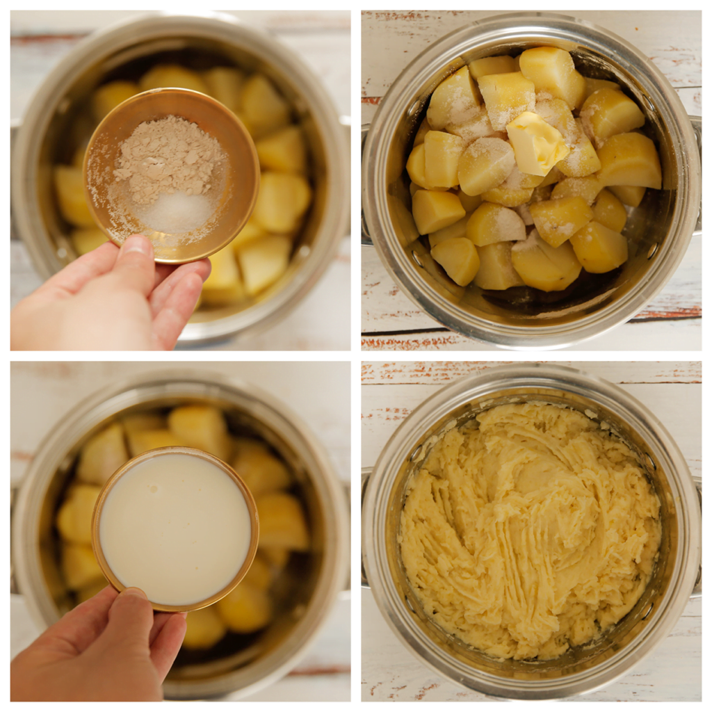 Stamp/prak de aardappels fijn. Voeg de roomboter, melk, uienpoeder en zout toe. Meng tot een gladde massa.