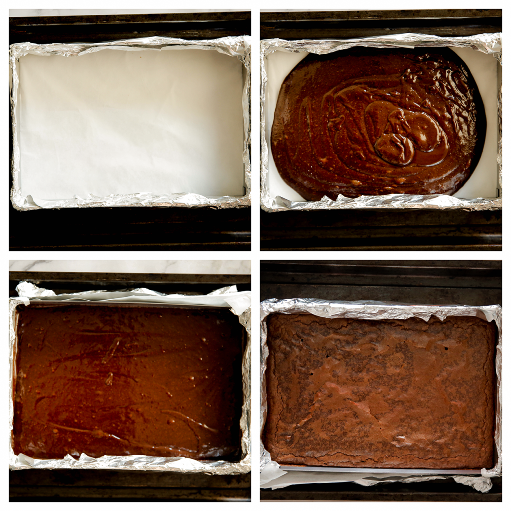 Verdeel het beslag over de bakring/bakvorm. Leg de brownie in een voorverwarmde oven op 165 ℃. Bak in 25-30 minuten gaar.
