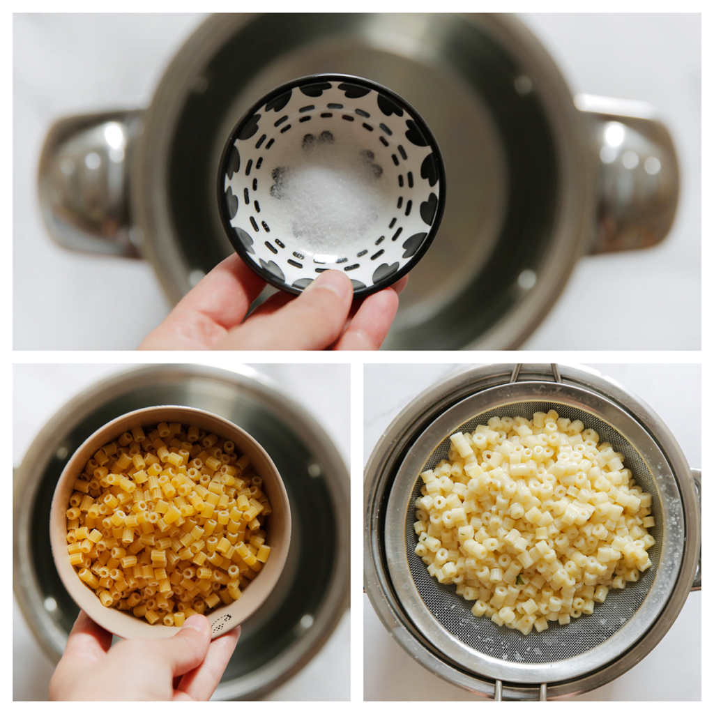 Breng het water aan de kook (pan halfvol). Wanneer het water borrelt, voeg je het zout toe en eventueel een scheutje olie. Roer goed. Voeg de ditalini toe. Kook de pasta in 10-15 gaar. Laat het water uitlekken. 