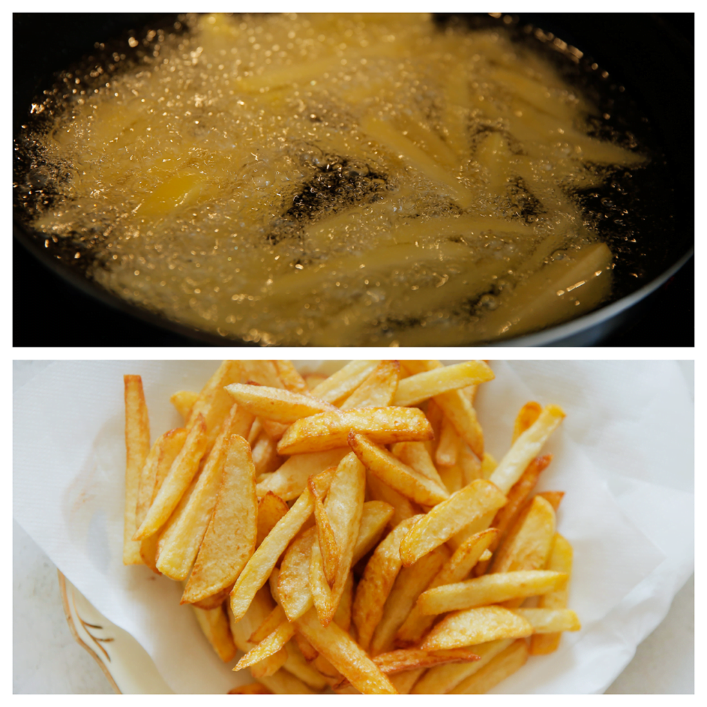 Verhit de zonnebloemolie in een koekenpan op middelhoog vuur en voeg de friet toe. Bak in ca. 13-15 minuten goudbruin. Schep de friet uit de pan en laat uitlekken op een vel keukenpapier.