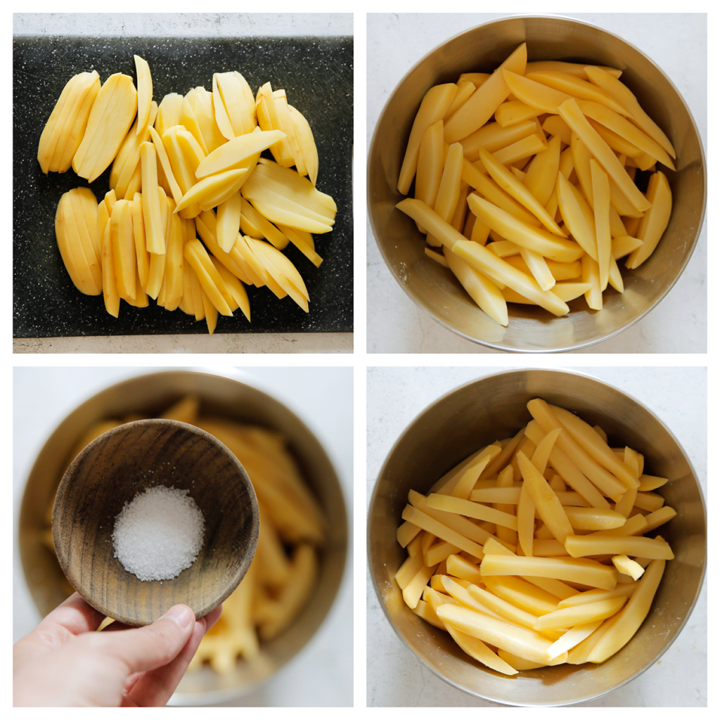 Schil de aardappels. Snijd de aardappels in de lengte in plakken en dan in staafjes tot friet. Doe de friet in een diepe kom en voeg het zout toe. Meng goed.
