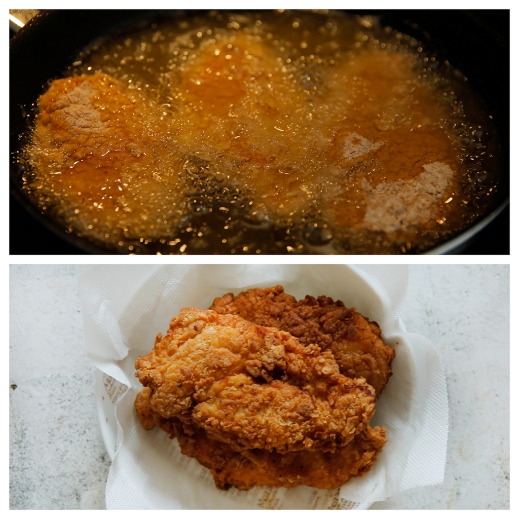 Verhit de zonnebloemolie op middelhoog vuur. Bak de kip aan beide kanten gaar. Laat uitlekken op een vel keukenpapier.