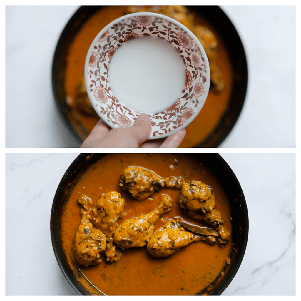 Voeg het ma&iuml;zenamengsel toe. Kook tot de saus goed is ingedikt.