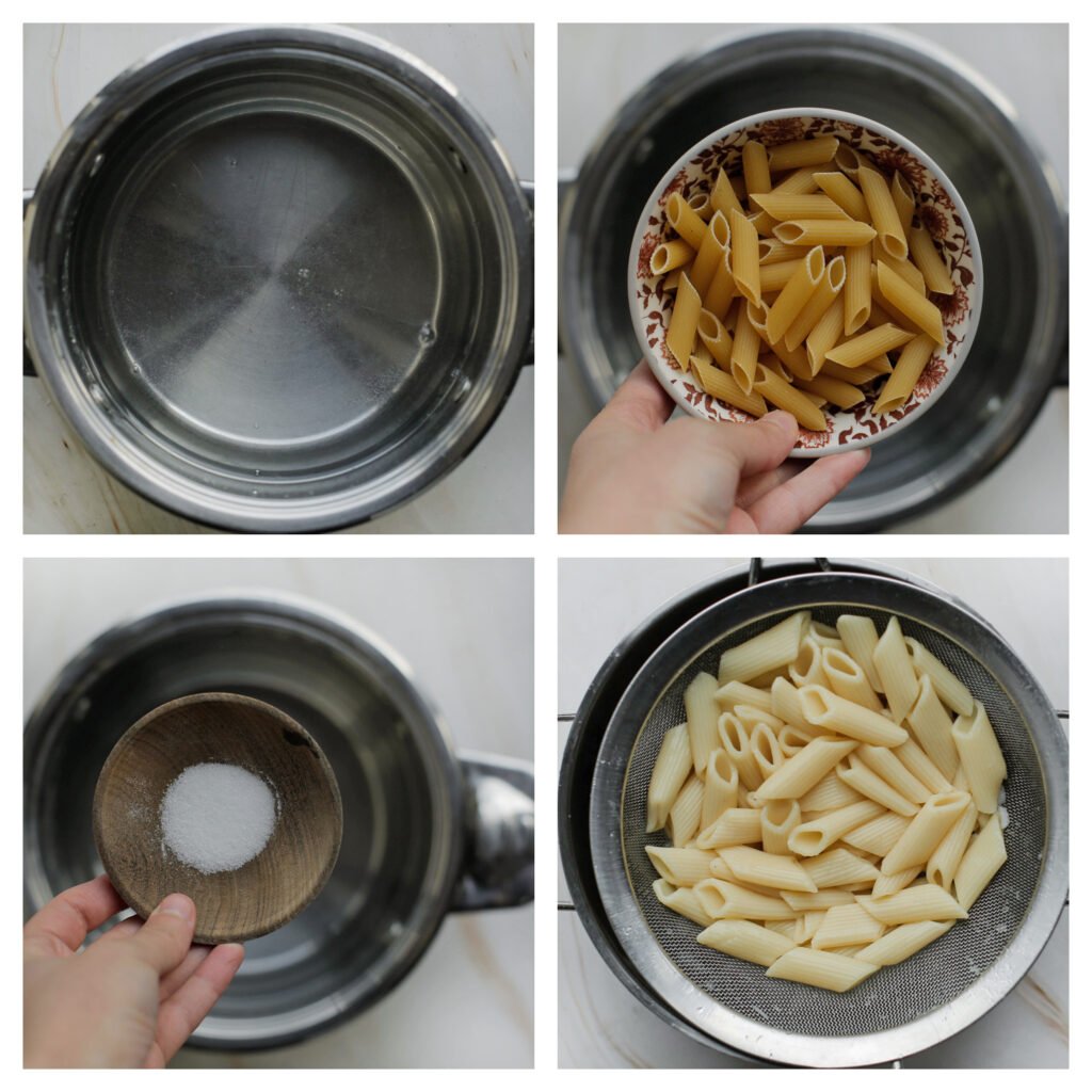 Breng ruim water aan de kook. Als het water begint te borrelen, voeg je het zout en eventueel een scheutje olie toe. Voeg de penne toe. Na een paar minuten roer je deze los van elkaar. Kook de pasta in ca. 8-11 minuten gaar. Laat het water uitlekken, maar leg wel 100 ml van het pasta-water apart.