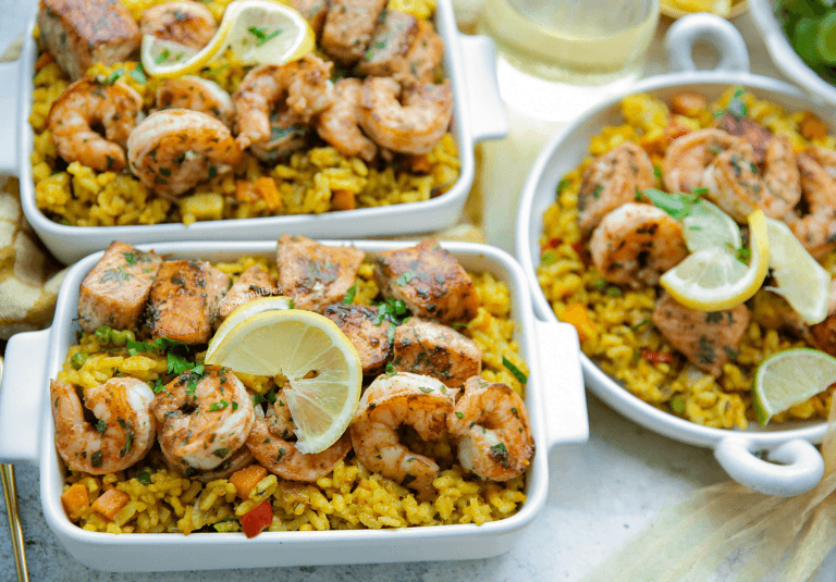 Pompoenrijst met garnalen en zalm