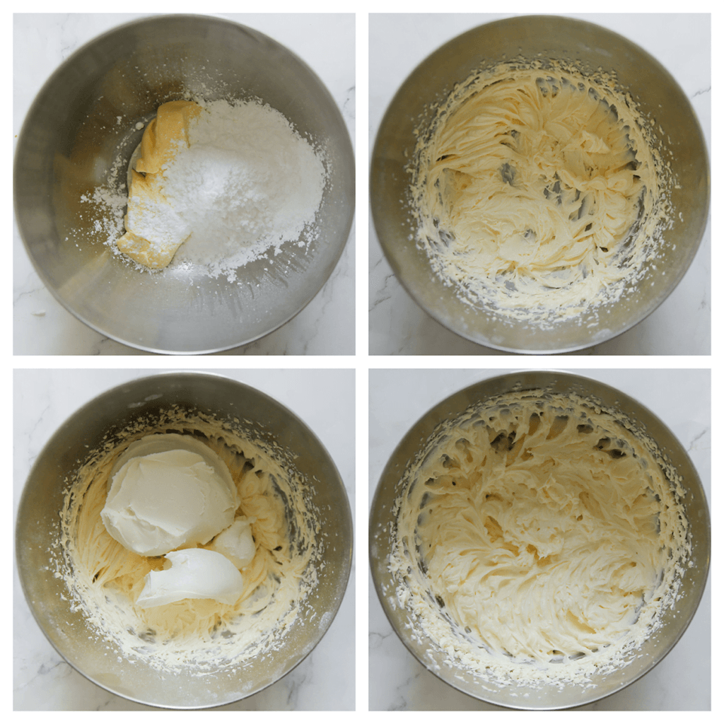 Doe de zachte roomboter in een diepe kom. Voeg de poedersuiker toe en mix tot een gladde mengsel. Voeg de mascarpone en roomkaas toe. Mix 2 minuten.