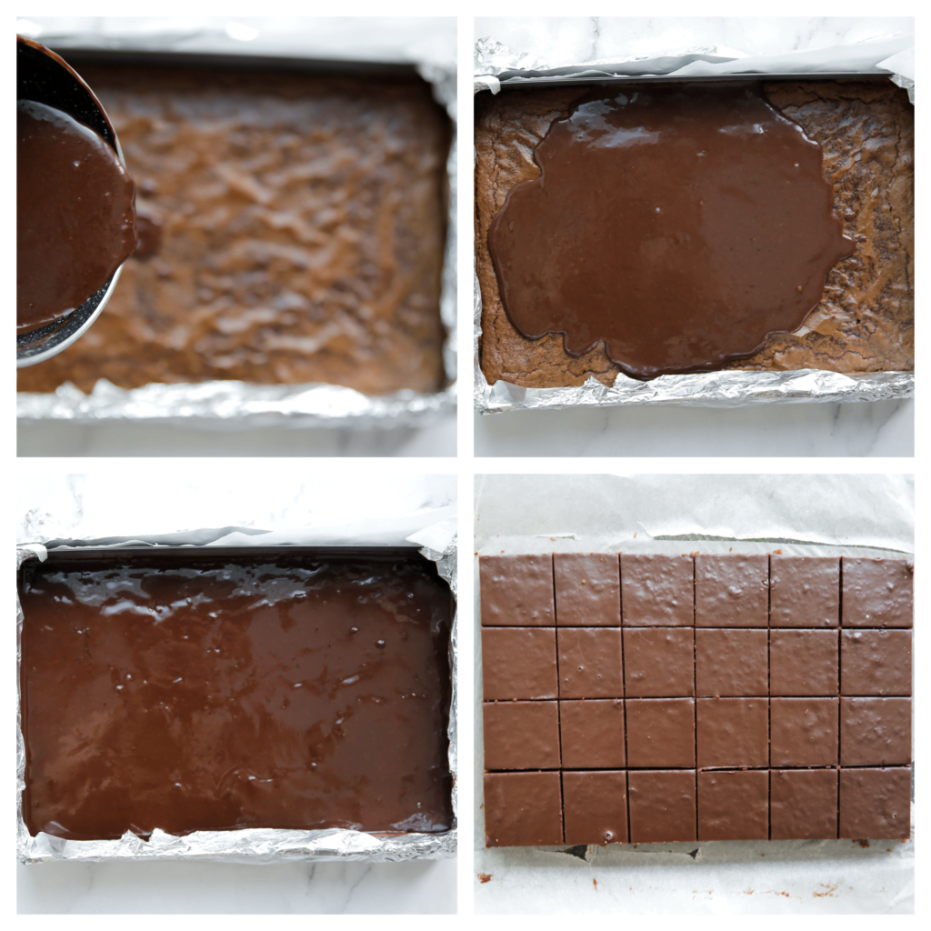Voeg de topping toe en laat stevig worden. Snijd de brownies in blokjes.