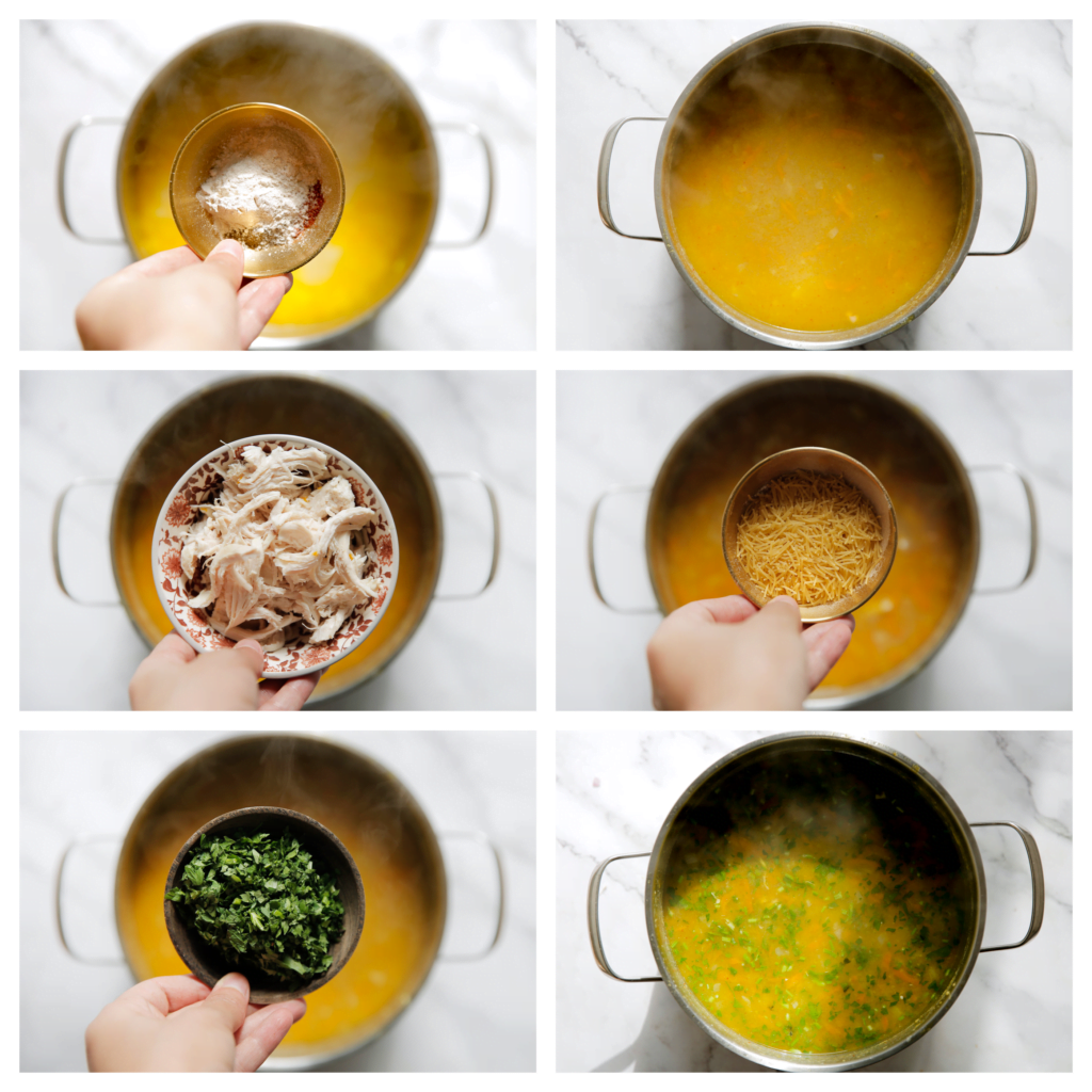 Doe de geplukte kip terug in de soep. Voeg de zwarte peper, knoflookpoeder, cayennepeper, vermicelli en peterselie toe. Kook 5-10 minuten. Zet het vuur uit. Laat de soep 15 minuten staan voordat je deze serveert.