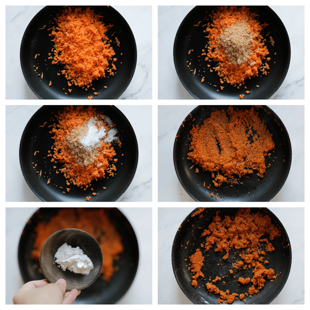 Verhit de koekenpan op middelhoog vuur. Voeg de geraspte wortel, bruine basterdsuiker en vanillesuiker toe. Bak 4-5 minuten. Voeg de maïzena toe en kook 3 minuten mee. Haal de pan van het vuur.