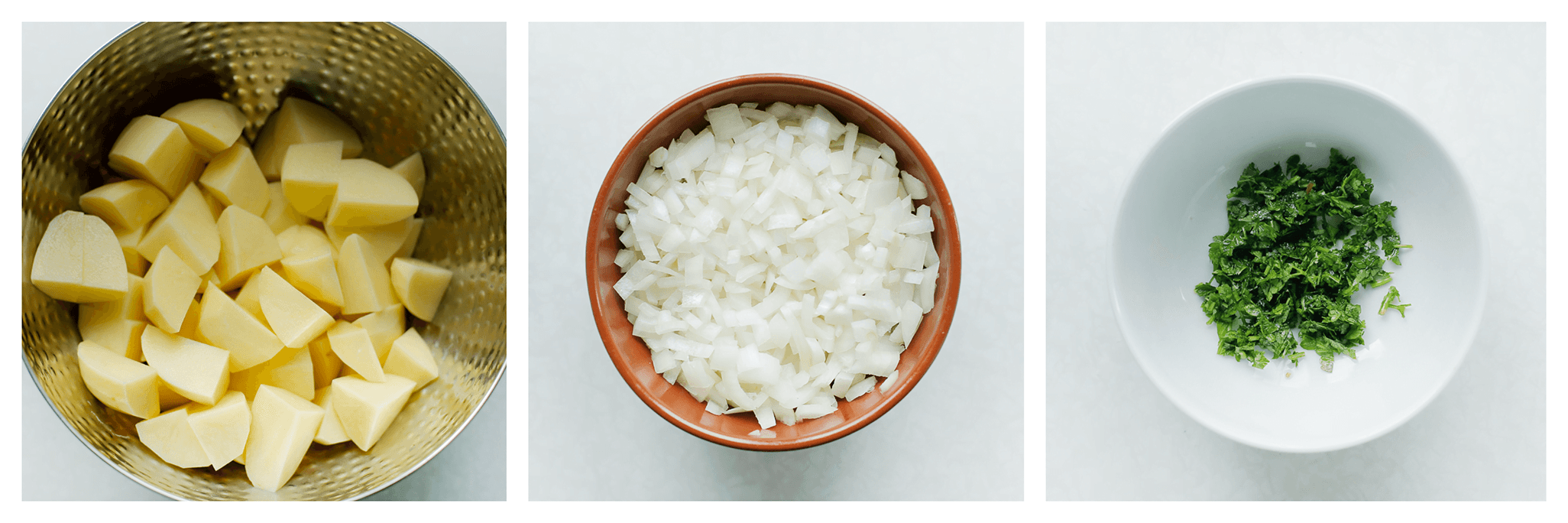 Aardappels, gele ui en peterselie