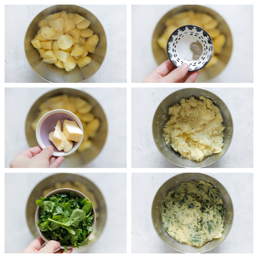 Doe de aardappels in een diepe kom. Voeg het zout, de spinazie en roomboter toe. Stamp/prak fijn. Laat afkoelen.