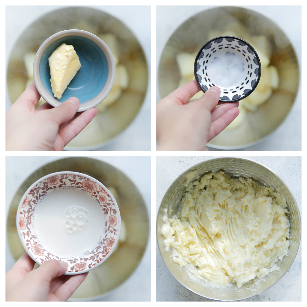 Doe de aardappels in een diepe kom. Voeg het zout, roomboter en melk toe. Prak/stamp fijn.