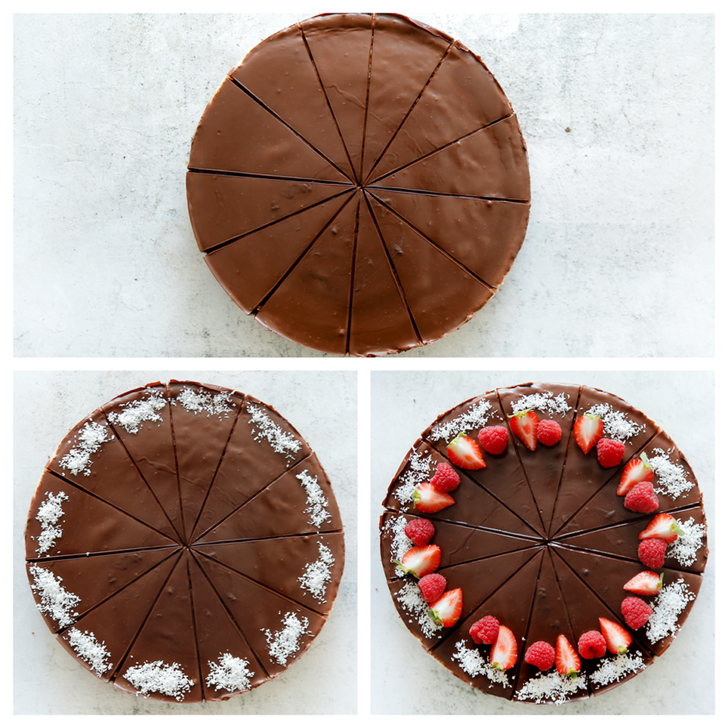 Snijd de bountycake in mooie puntjes en garneer met rood fruit.
