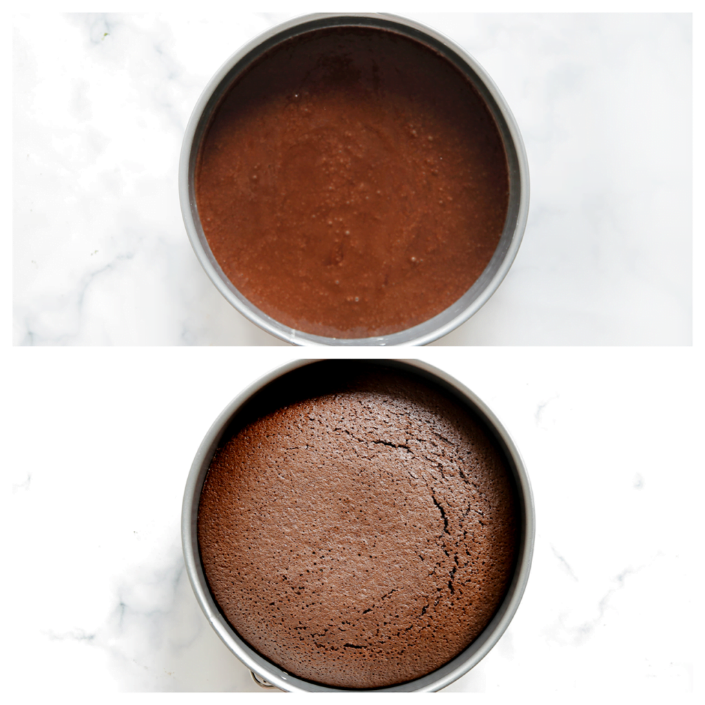 Verdeel het chocoladebeslag over de bakvorm. Zet in een oven op 175 ℃. Bak 20-25 minuten of tot de cake stevig is aan de bovenkant.
