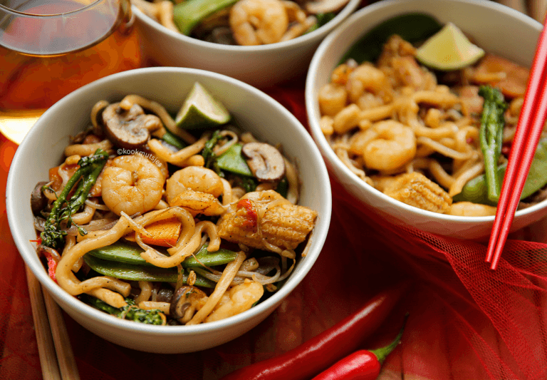 Udon noedels met garnalen