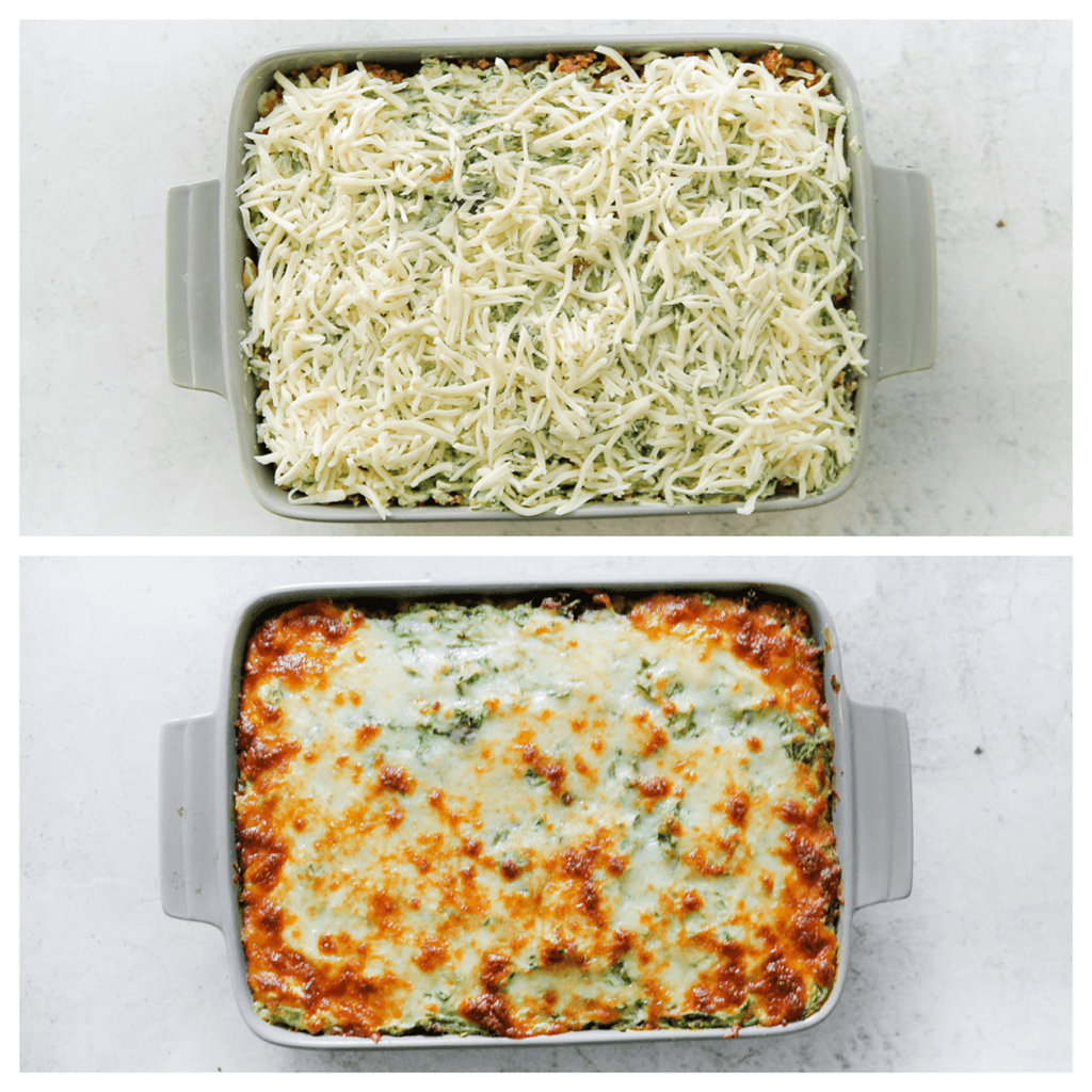 Strooi er geraspte kaas over. Zet de aardappel-spinazieschotel in een voorverwarmde oven op 200 ℃. Bak 15-20 minuten.