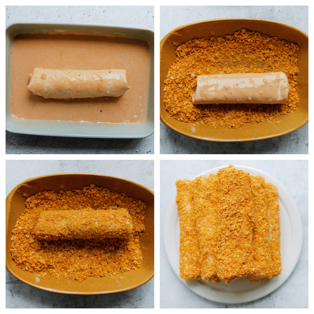 Haal de gevulde kipwraps achtereenvolgens door het bloemmengsel en verkruimelde doritos. Leg apart.