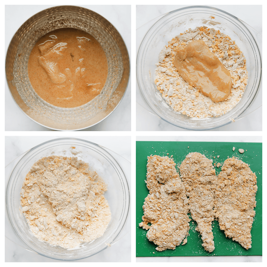 Haal de kipfilet door het bloemmengsel tot alles bedekt is. Voor een extra krokant laagje, kun je deze stap herhalen. 