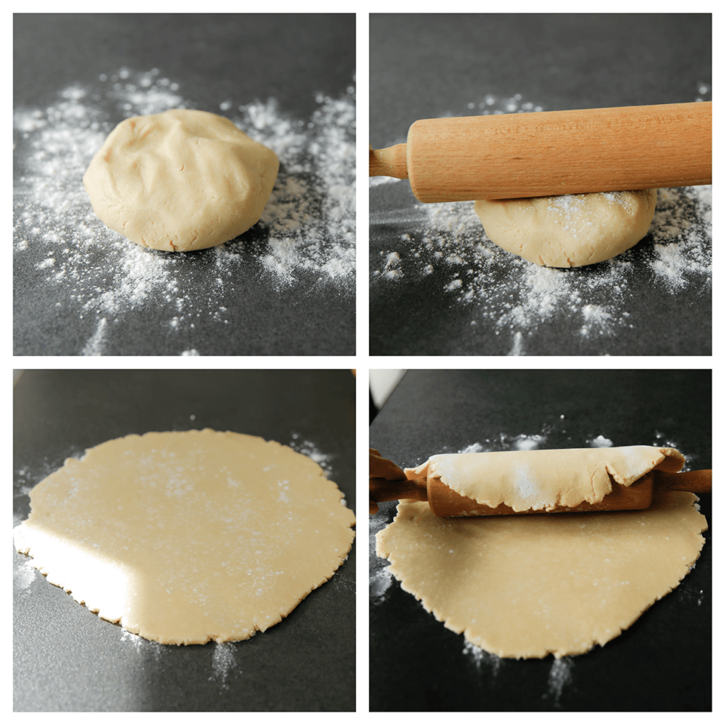 Stort het koekjesdeeg op een met bloem bestoven werkplek. Rol uit tot een ronde lap.