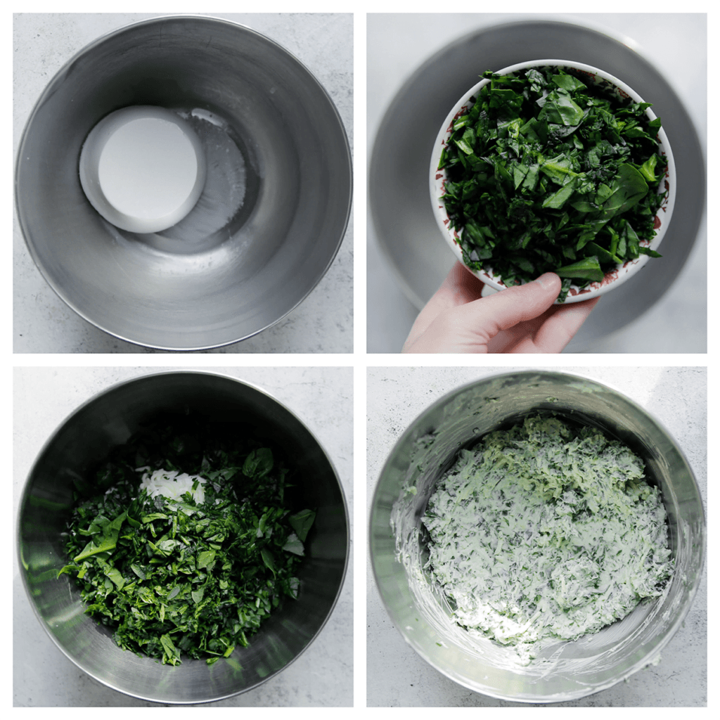 Snijd de spinazie klein. Doe de ricotta samen met het zout, de geraspte kaas en spinazie in een diepe kom. Meng tot een geheel. Leg apart.