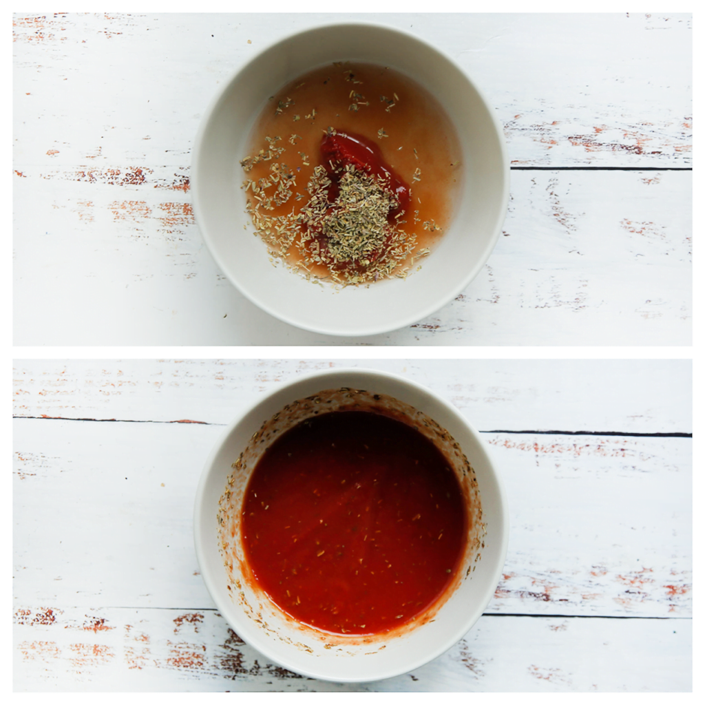 Doe de tomatenpuree, het water, de Italiaanse kruiden en knoflookpoeder in een kom. Meng tot een gladde massa. Leg apart.