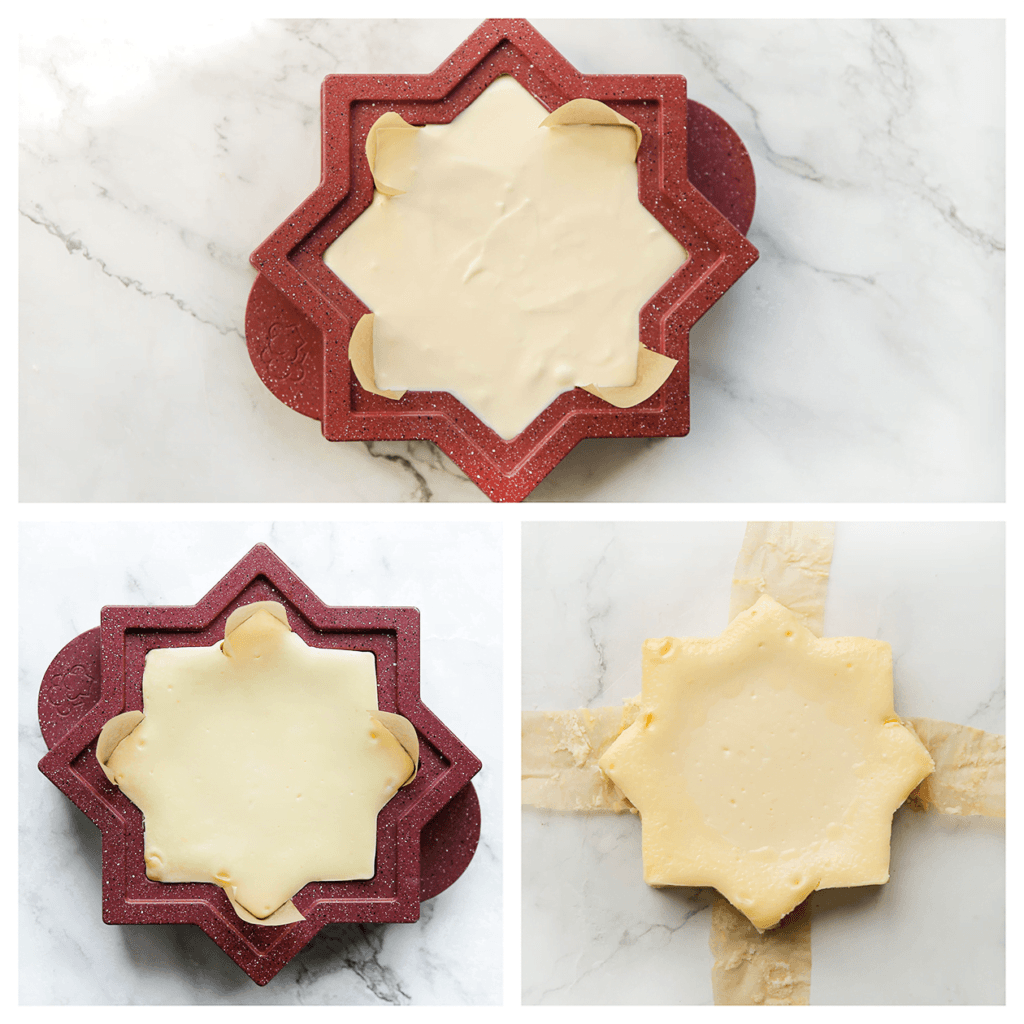 Neem de bakvorm en gebruik dit keer de andere kant. Gebruik bakpapier zodat je de cheesecake er makkelijk uit kunt tillen. Voeg het cheesecakebeslag toe. Zet de cheesecake in een voorverwarmde oven op 125 ℃. Bak 35-40 minuten of tot de zijkanten stevig zijn en de binnenkant lichtjes wiebelt. Schakel de oven uit en laat de cheesecake een uur in de oven met de ovendeur dicht. Leg, afgedekt, in de koelkast om stevig te worden.