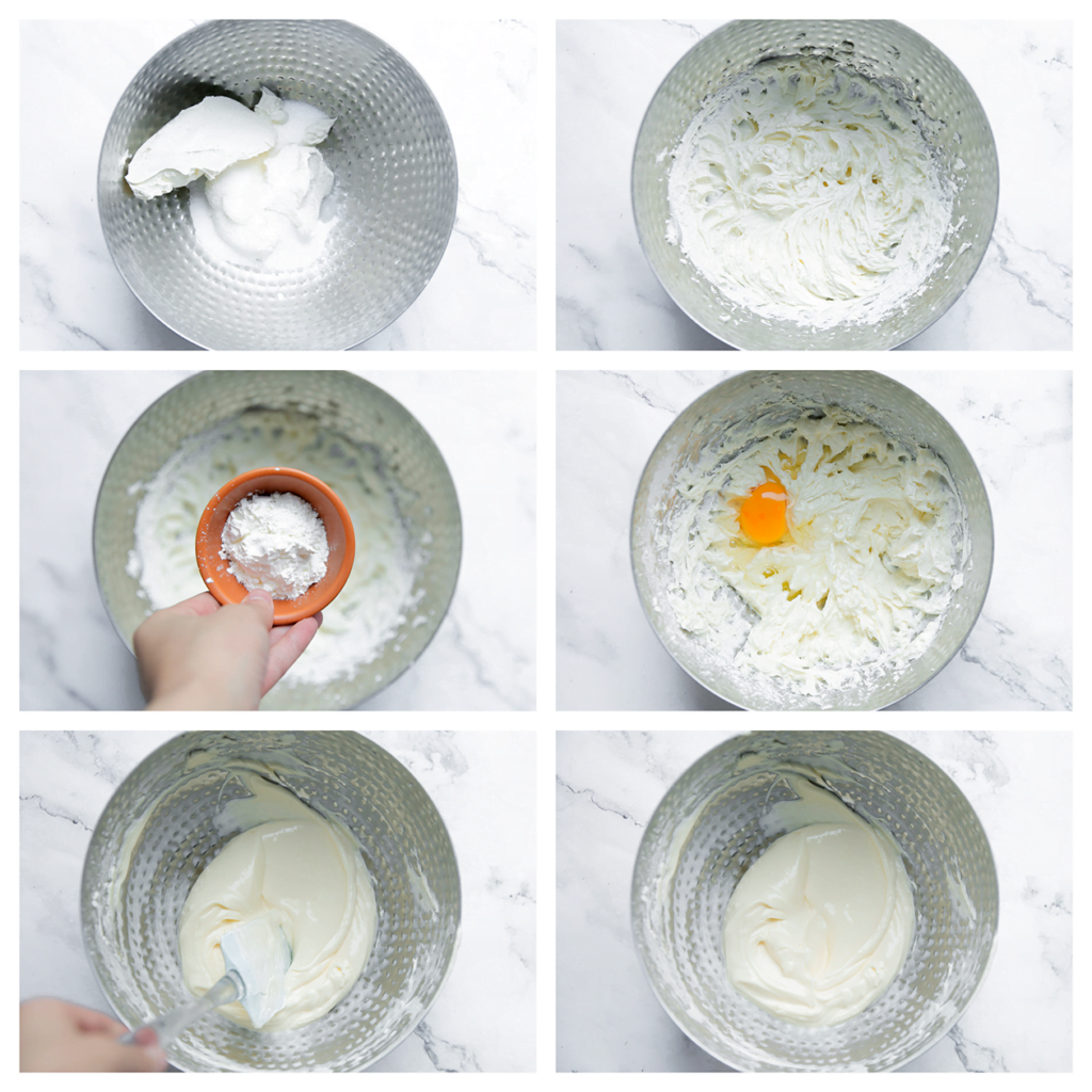 Voeg de roomkaas, vanillesuiker en suiker in een diepe kom. Mix 1 minuut. Voeg de maïzena toe en mix goed. Leg de mixer weg en neem een spatel. Breek het ei boven de kom en spatel deze luchtig los door het beslag.
