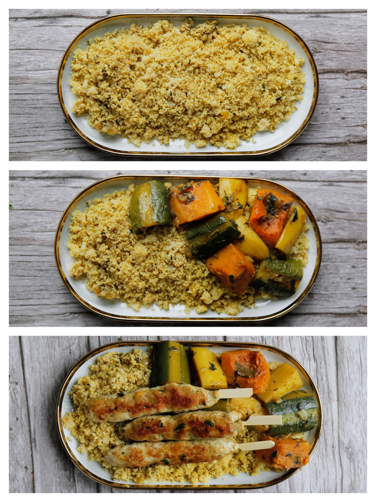 Verdeel de couscous, groenten en kipspiesjes over een bord. Eet smakelijk!