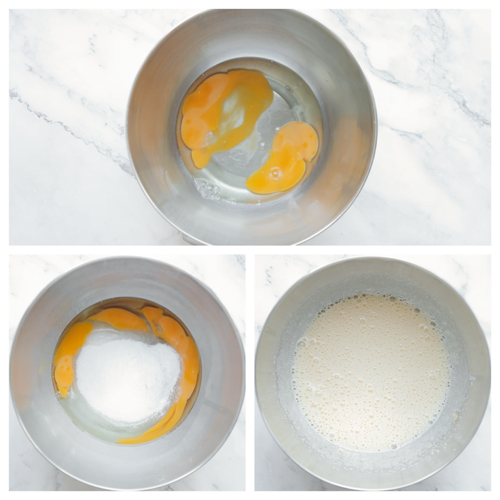 Breek de eieren boven de kom. Voeg de suiker, vanillesuiker en het zout toe. Mix tot het lichtgeel kleurt.