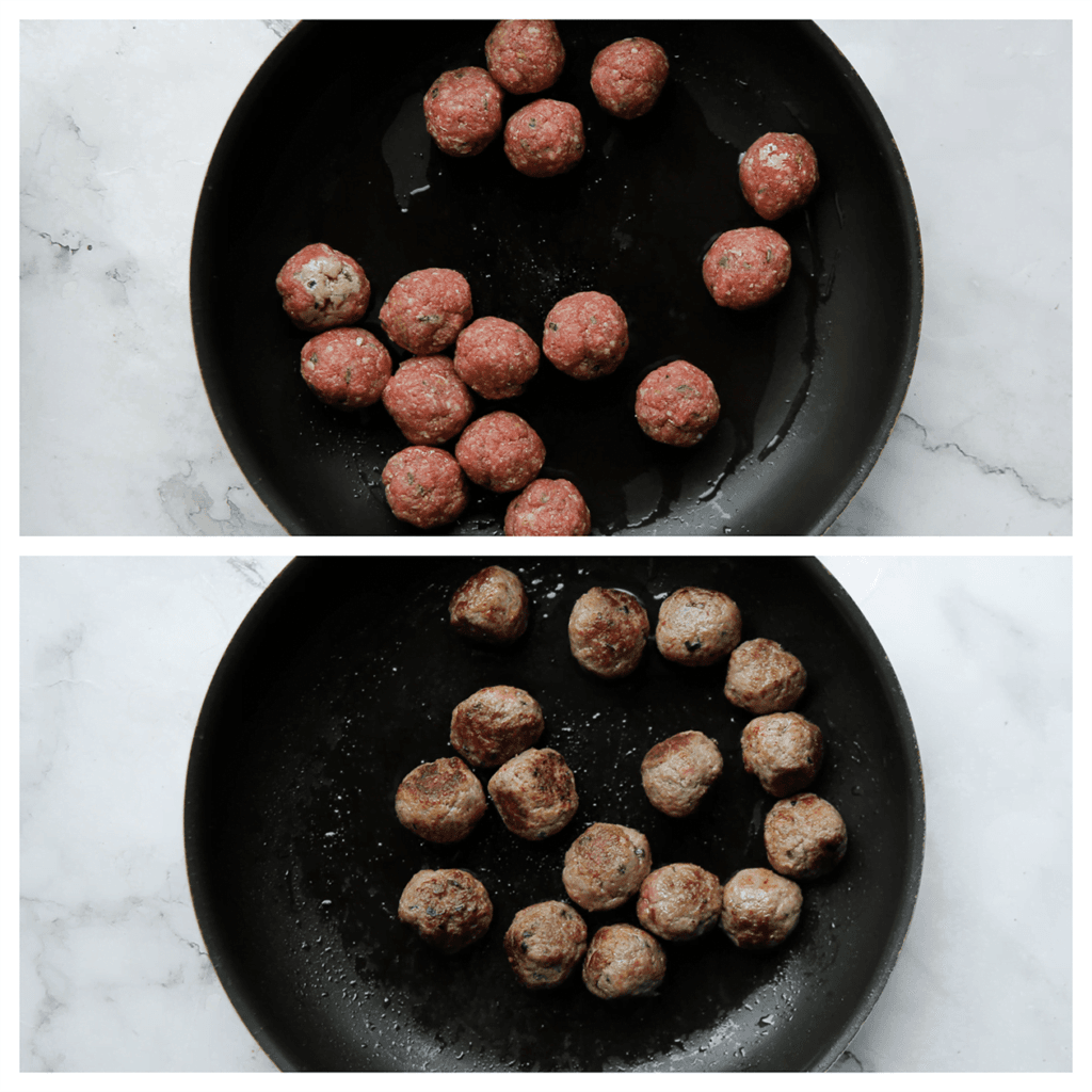 Verhit de zonnebloemolie in een koekenpan op middelhoog vuur. Voeg de gehaktballen toe en bak rondom goudbruin (dus niet helemaal gaar).