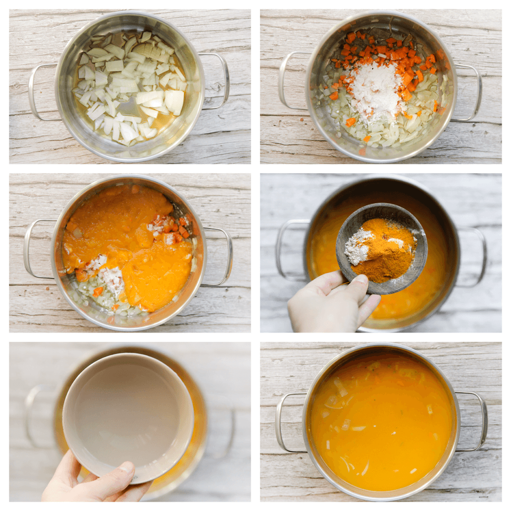 Verhit de olijfolie in een pan op middelhoog vuur. Voeg de gele ui toe en bak 3 minuten. Voeg de wortel, bloem, het zoete aardappelmengsel, zout, de kurkuma, knoflookpoeder, cayennepeper, korianderpoeder, zwarte peper, laurierblaadjes en het water toe. Zet het vuur hoog. Als het goed kookt, zet je het vuur laag. Kook, afgedekt, 20 minuten.