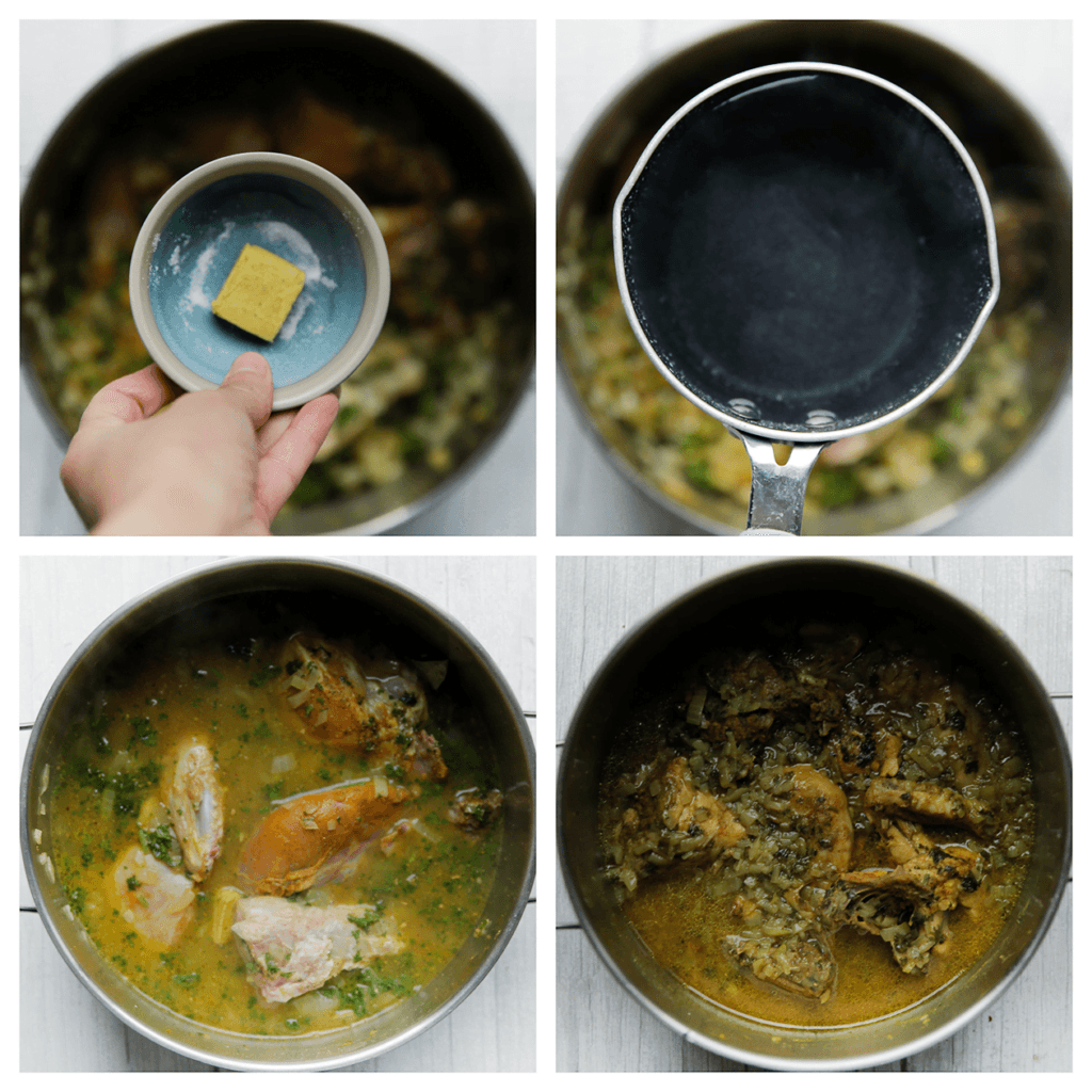 Voeg het kippenbouillonblokje en water toe. Kook op hoog vuur. Als het goed kookt, zet je het vuur laag. Kook, afgedekt, 40-45 minuten of tot de kip gaar is. Leg 150 ml van de kipjus apart.  Pel en snijd de gele ui in halve ringen (600 gr). Verhit een koekenpan op middelhoog vuur. Voeg de gele ui toe en bak 5 minuten. Voeg de rozijnen en ketjap manis toe. Bak, afgedekt, 15 minuten.