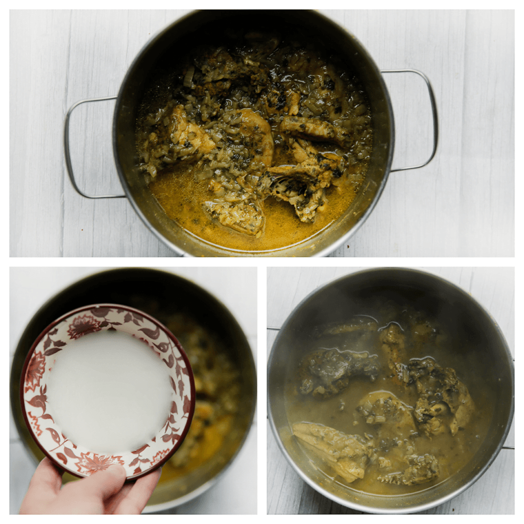 Doe de maïzena samen met het water in een kom. Meng tot een geheel.  Voeg het maïzenamengsel toe aan de kip. Kook tot de saus dikkig is.