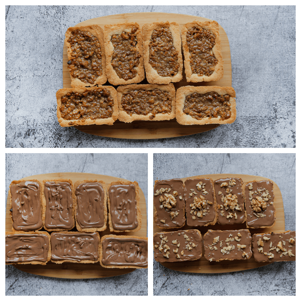 Garneer de walnotenkoeken met de chocolade en top het af met stukjes walnoten. Je kunt ze ook neutraal laten. Jouw feestje!