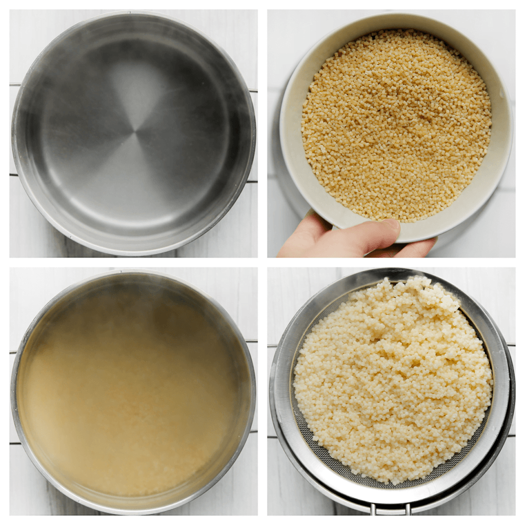 Breng een pan met water aan de kook. Voeg het zout toe en de parelcouscous toe. Kook in 11-13 minuten gaar. Laat het water uitlekken.