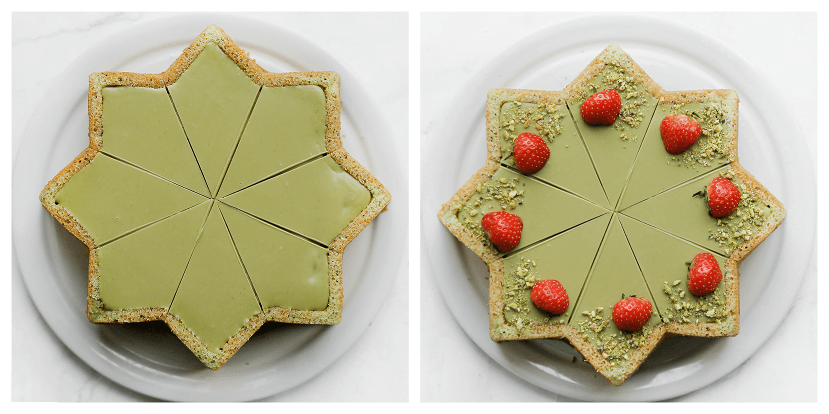Pistachecake aansnijden en garneren met aardbei en pistachenoten