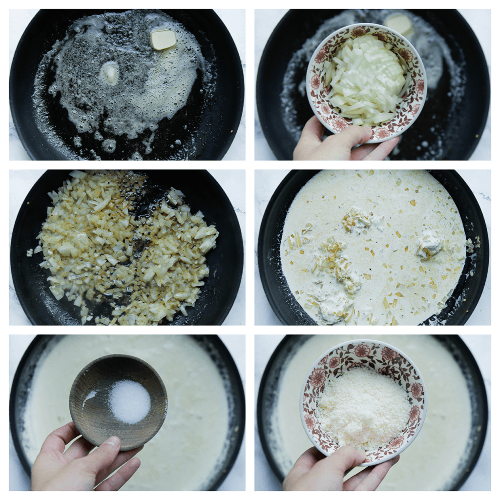 Verhit de roomboter op middelhoog vuur. Voeg de gele ui toe en bak 4 minuten. Voeg de kruidenkaas en ongeklopte slagroom toe. Meng goed en kook tot het indikt. Voeg het zout en de Parmezaanse kaas toe. Kook 2 minuten. 