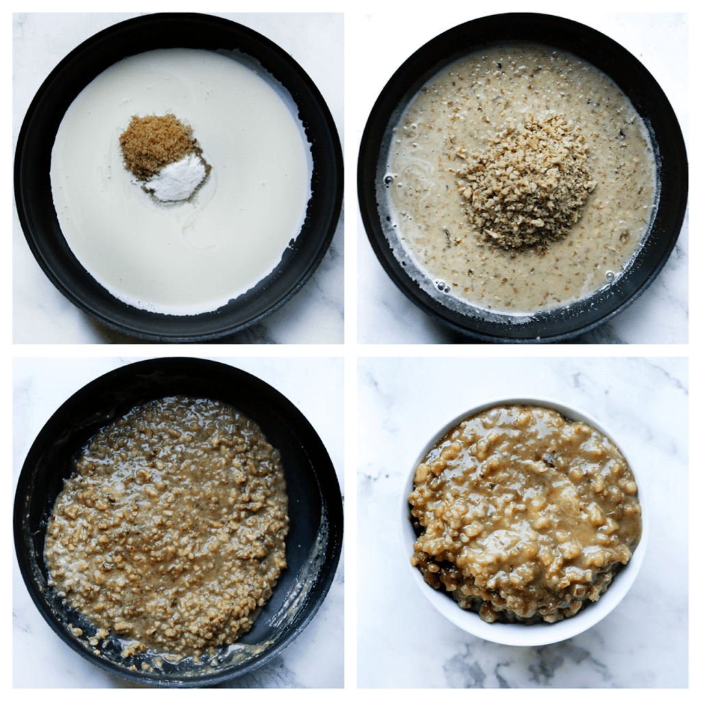 Kook de ongeklopte slagroom samen met de basterdsuiker, vanillesuiker en honing in een koekenpan op middelhoog vuur. Voeg de walnoten toe. Kook tot de walnoten en saus een geheel zijn geworden. Schep het walnotenmengsel eruit.