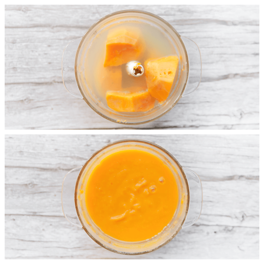 Doe de gekookte zoete aardappel met wat water in een hakmolen. Mix tot een gladde massa.