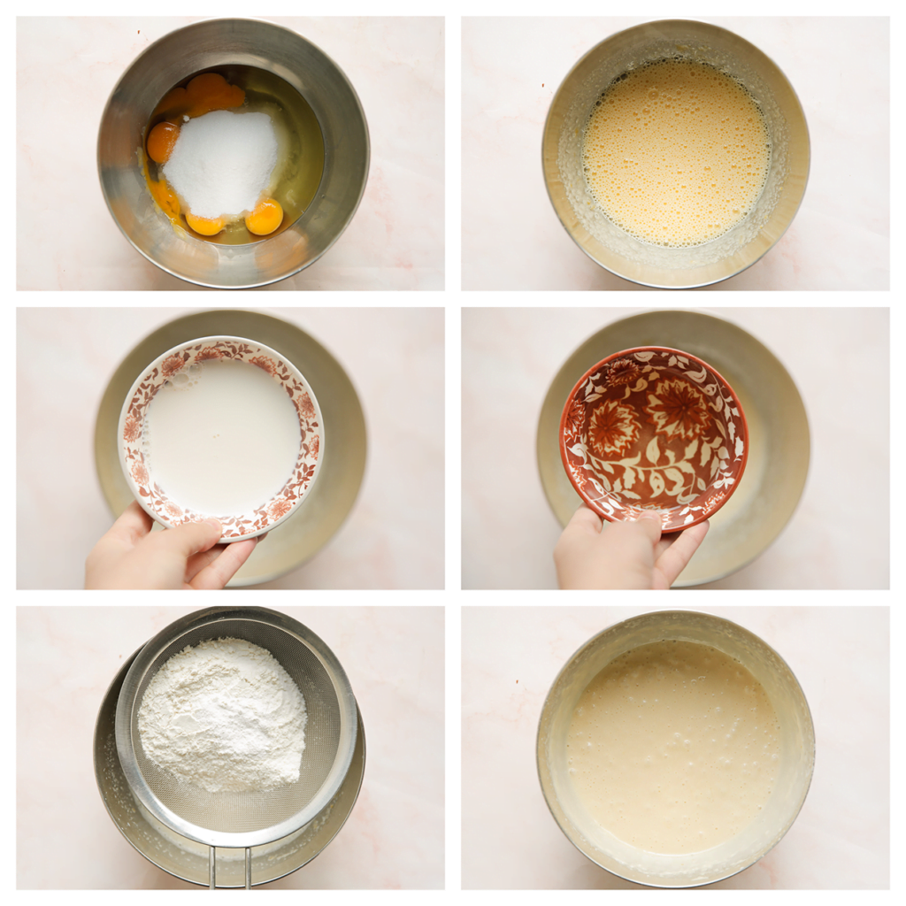 Breek de eieren boven de kom. Voeg de suiker, vanillesuiker en het zout toe. Mix in ca. 2 minuten luchtig. Voeg de zonnebloemolie en melk toe. Mix 1 minuut. Zeef de bloem en het bakpoeder boven de kom. Mix tot een glad geheel.