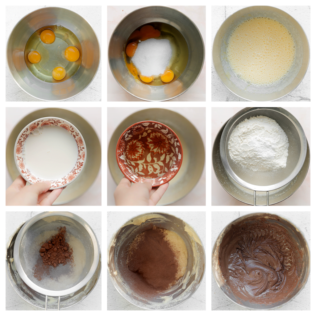 Doe het eigeel (2 eigeel) en de 2 eieren in een diepe kom. Voeg de suiker en vanillesuiker toe. Mix 2 minuten. Voeg de zonnebloemolie en melk toe. Mix 1 minuut. Zeef de bloem, het bakpoeder en cacaopoeder boven de kom. Mix tot een gladde massa.