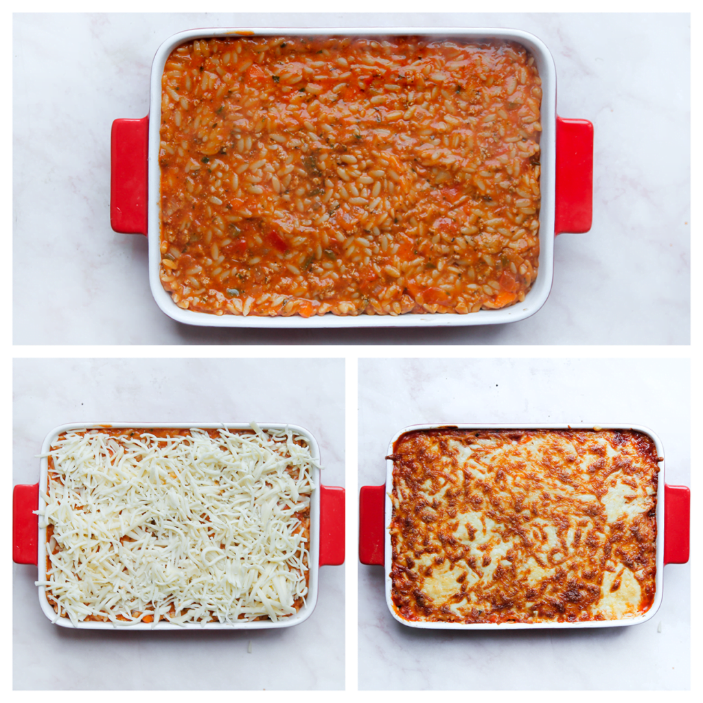 Verdeel het orzomengsel over een ovenschaal. Strooi er wat geraspte mozzarella over. Zet de ovenschaal in een voorverwarmde oven 200 ℃. Bak 8-10 minuten of tot de mozzarella is gesmolten.