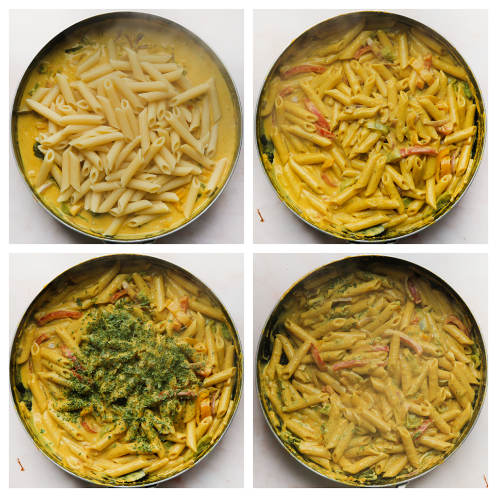 Voeg de pasta toe en zout toe naar smaak. Kook tot de saus goed is ingetrokken.
