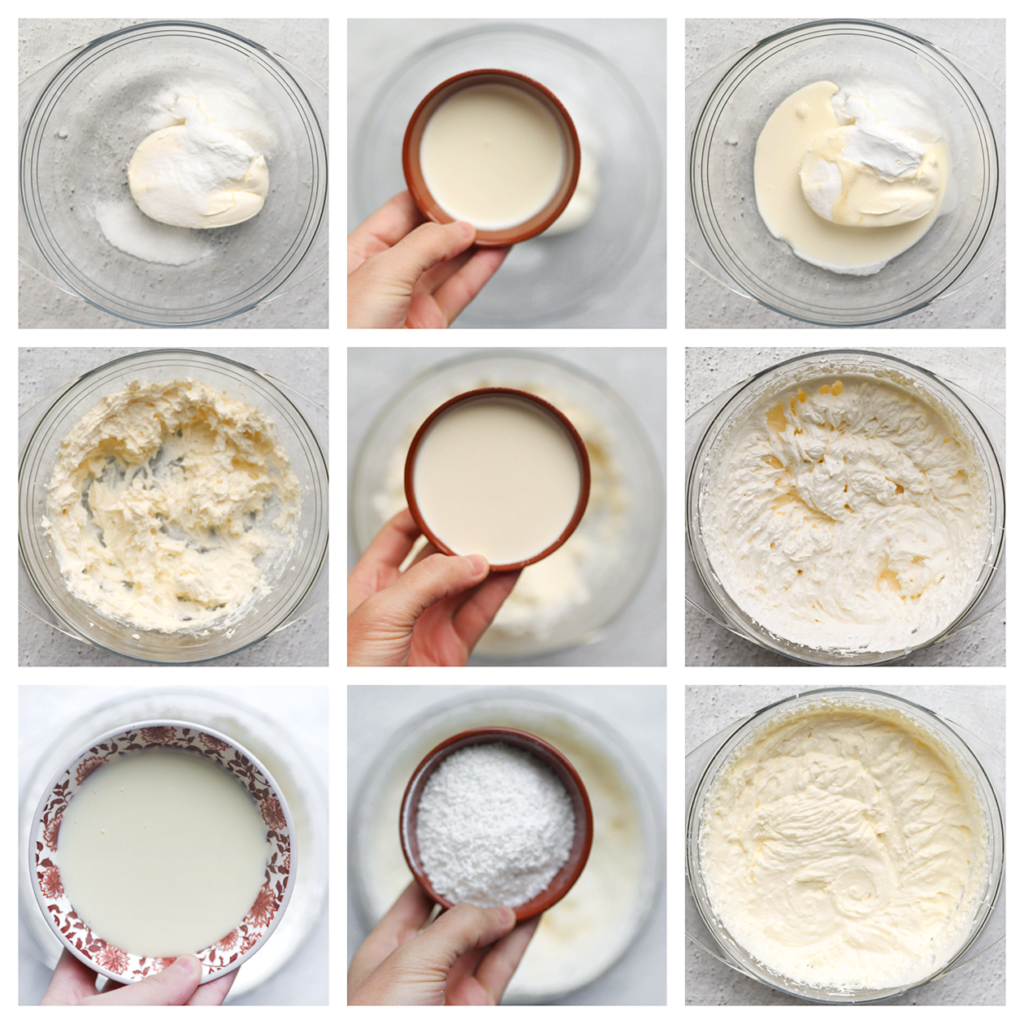 Doe de mascarpone samen met de vanillesuiker en klopfix in een diepe kom. Mix 1 minuut. Voeg beetje bij beetje de ongeklopte slagroom toe tot de room pieken vertoont. Voeg de gecondenseerde melk en geraspte kokos toe. Mix tot een geheel.