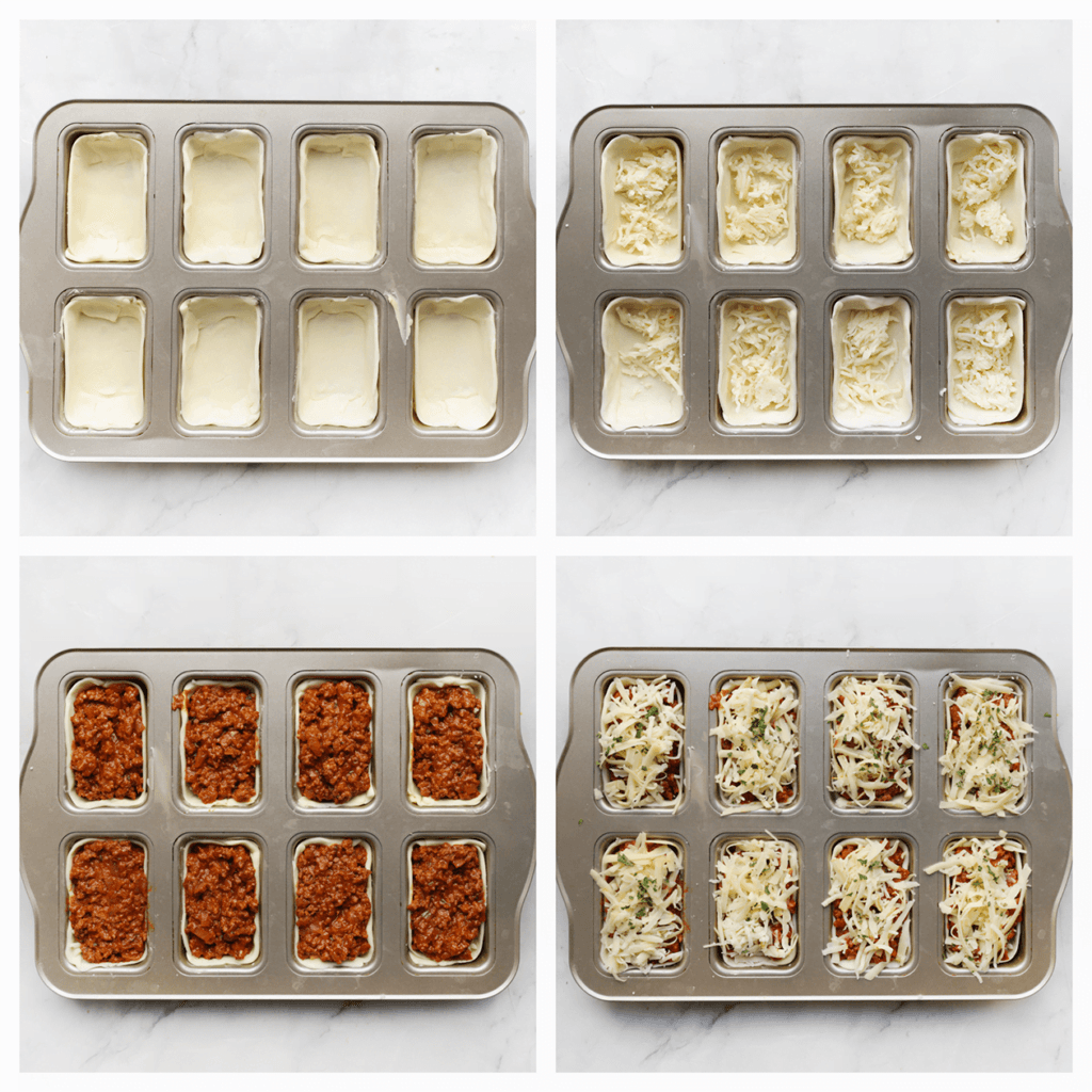 Doe het bladerdeeg in de bakvorm. Vul met geraspte kaas, het gehaktmengsel. Garneer met wat geraspte kaas en gedroogde peterselie.