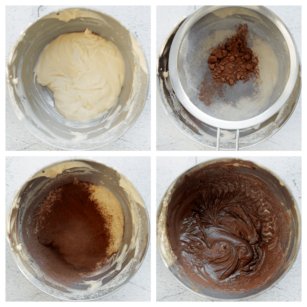 Neem de mengkom met het overige beslag en zeef het cacaopoeder erbovenop. Mix tot een gladde massa.