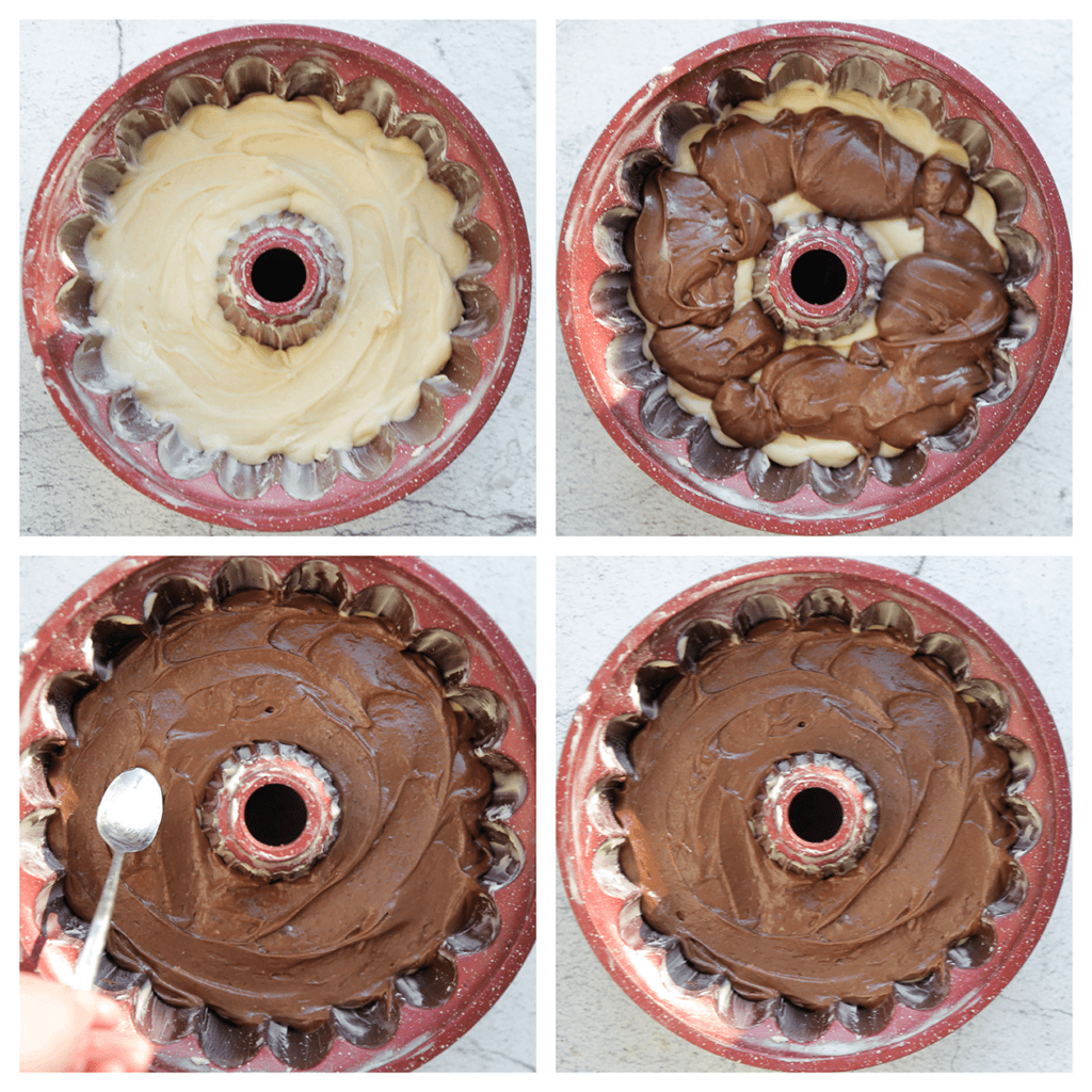 Verdeel het chocoladebeslag over het bananenbeslag. Doe dit met de onderkant van een lepel.